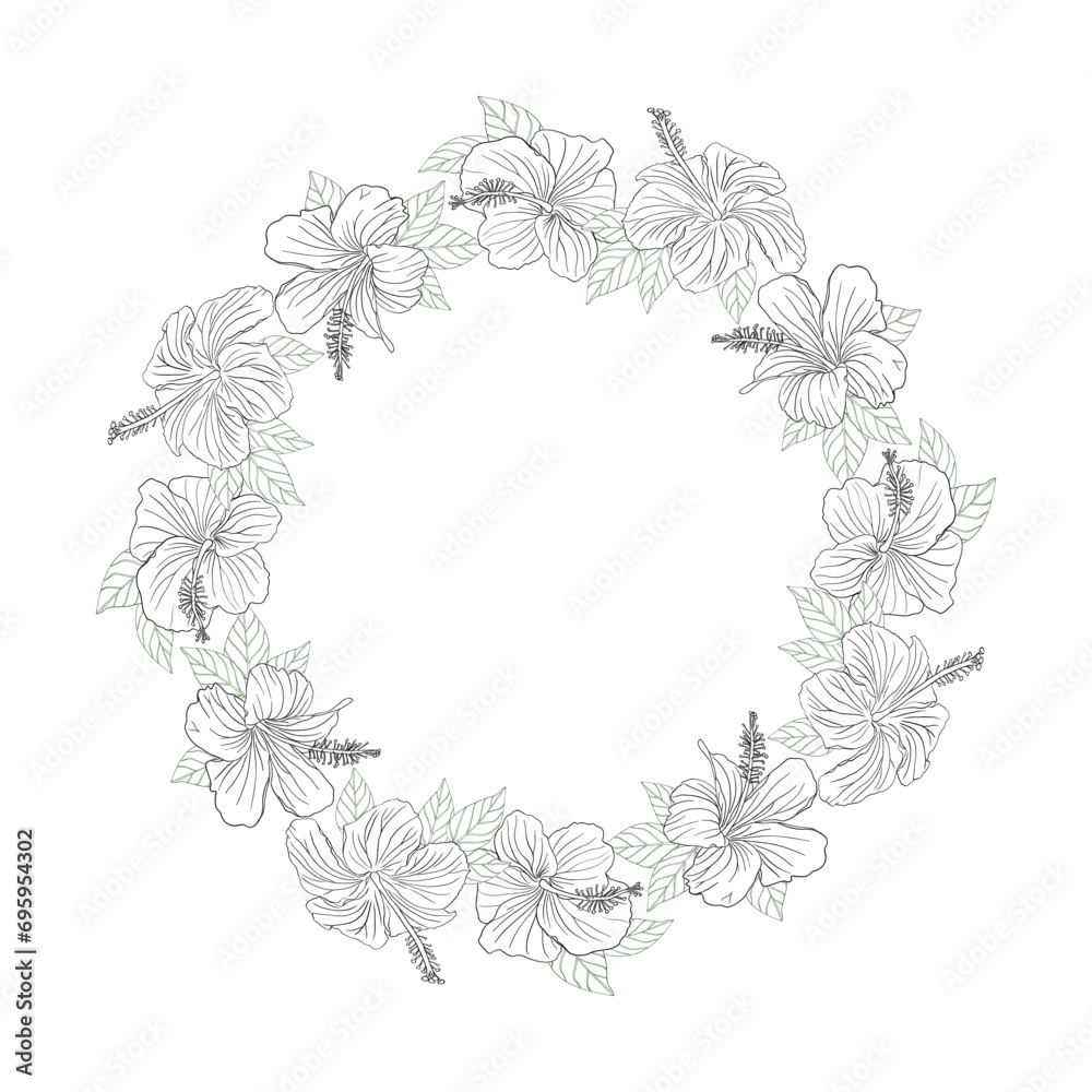 Hibiscus flower with leaves circle wreath. Can be used for wedding invitations, greeting cards, scrapbook, print, gift wrap, manufacturing Hand drawn line art vector illustration