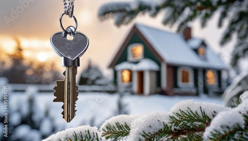 key with house shaped keychain modern country private house with winter snowy garden on the background real estate moving home or renting property concept © Mac