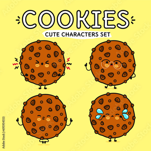 Funny cute happy Chocolate cookies characters bundle set. Vector hand drawn doodle style cartoon character. Isolated on yellow background. Chocolate cookies character collection