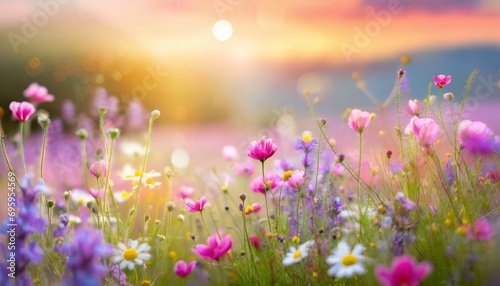 beautiful colorful meadow of wild flowers floral background landscape with purple pink flowers with sunset and blurred background soft pastel magical nature copy space © Mac