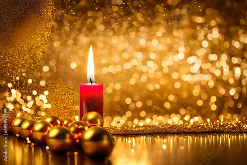 Festive Golden Composition with Bokeh, Candle, and Text Space