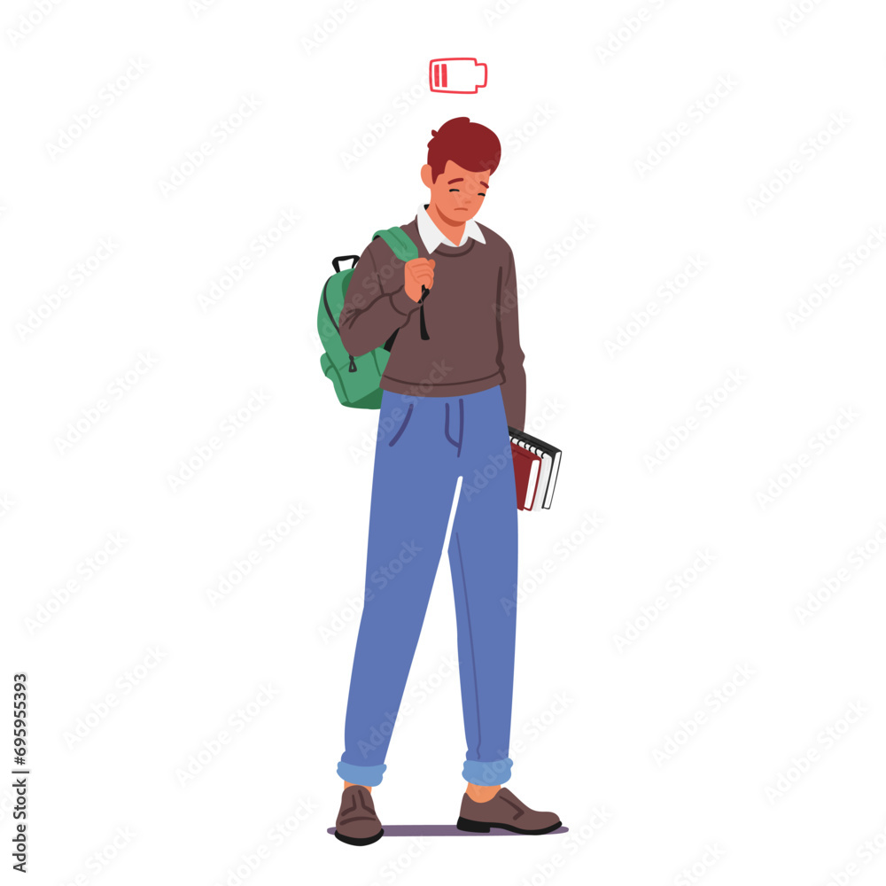 Weary, Despondent Student Carries A Heavy Backpack And A Thick Book, Shoulders Slouched, Eyes Drooping Weary, Despondent Student Carries A Heavy Backpack And A Thick Book, Shoulders Slouched, Eyes Drooping