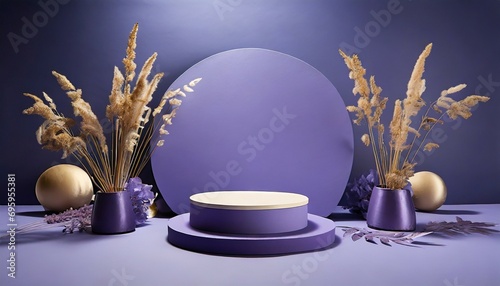 front view of circle podium decorated in purple background