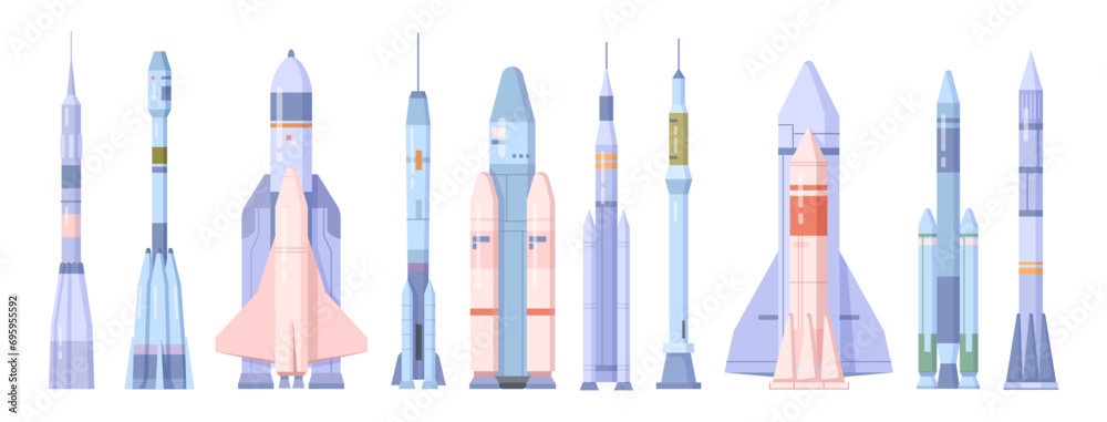 Space ships and shuttles launching for space. Vector isolated rockets going on missions to explore galaxy and universe. Scientific discovery and cosmos exploration. Technology advancement Space ships and shuttles launching for space. Vector isolated rockets going on missions to explore galaxy and universe. Scientific discovery and cosmos exploration. Technology advancement