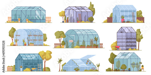 Glass orangery, botanical garden greenhouse with potted plants. Vector hothouse for growing crops and agriculture. Glasshouse for homegrown products, natural and organic cultivation of ingredients
