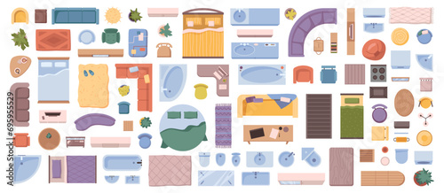Top view of furniture for home interior layout plan. Vector isolated objects for bedroom, kitchen and living room, bathroom and lounge. Bed and furnishing for apartment or house accommodation