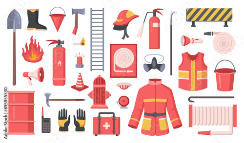 Equipment and tools of firefighters. Vector fireproof uniform and helmet, ax and shovel. Ladder to reach height, sirens and bucket with water. Hydrant and hose, flashlight and walkie talkie