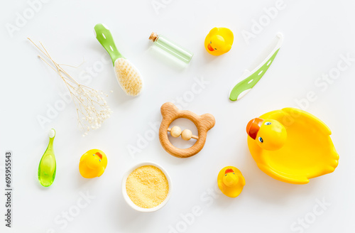 Rubber duckling for bathing and baby bath cosmetic, top view