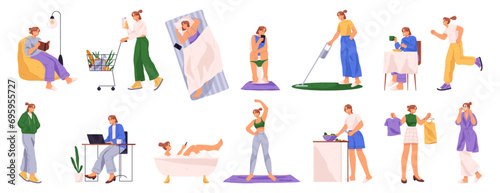 Daily routine of woman, morning and evening chores and rituals. Vector flat cartoon character reading and shopping, working on laptop and walking. Jogging and cooking, bathing and cleaning home