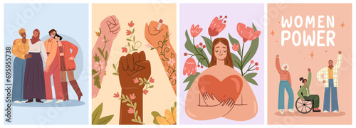 Feminism and woman empowerment, gender equality and diversity. Vector posters or banners with ladies, groups of girls unity with flowers. Raised hands and embracing heart, bouquets decoration