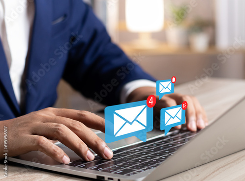 Business email communication in the digital age new messages and alerts. Inbox with email Marketing Strategy and Notifications. internet technology. businessman using smartphone with email. photo