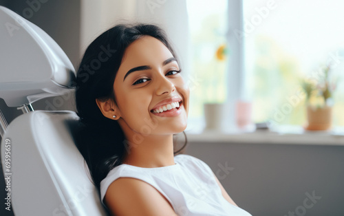 young indian woman laying on dental chair at clinic