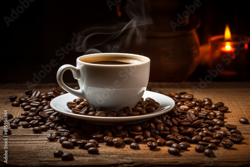 Coffee cups with hot coffee placed on a wooden table and decorated with coffee beans. © Phaigraphic