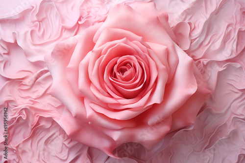 A large pink rose lies on a wrinkled pink background.