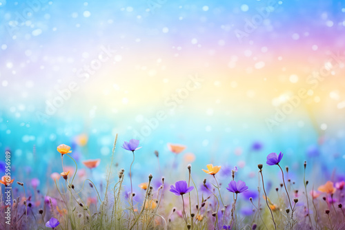 Field of flowers and glittering colorful pastel bokeh background.