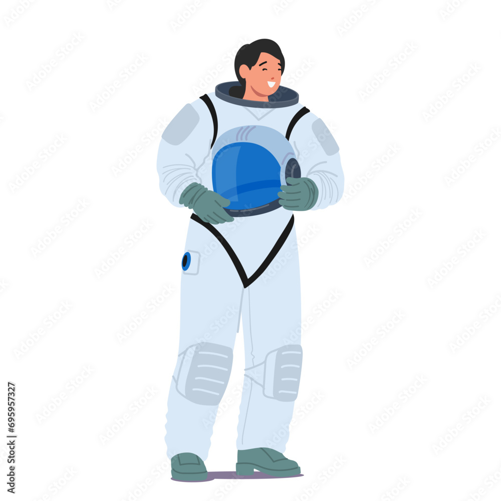 Astronaut Profession Concept. Spaceman Stands Tall, Cradling Helmet, Embodying The Essence Of Space Exploration