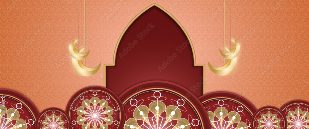 Gold red and peach vector banner template for islamic ramadan celebration with ornaments. Ramadan Kareem background for print, poster, cover, brochure, flyer, banner.