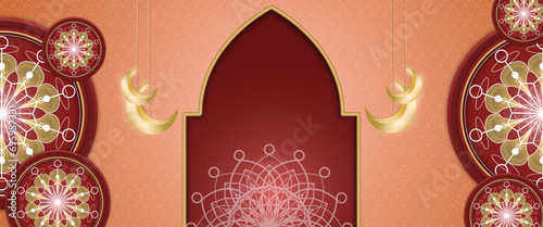 Gold red and peach vector luxury and elegant banner template ramadan kareem traditional. Ramadan Kareem background for print, poster, cover, brochure, flyer, banner.