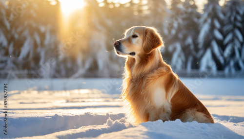 A lovely golden retriever in the snow during winter season, backlight, copy space