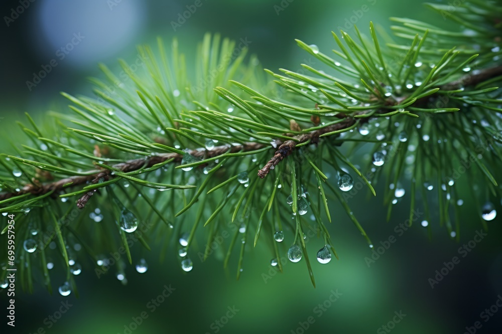 Close up of pine branches with dewdrops and soft lights in the background Close up of pine branches with dewdrops and soft lights in the background