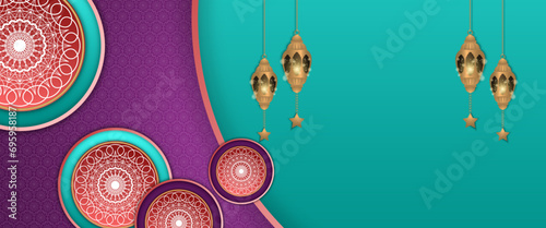 Colorful colourful vector banner template for islamic ramadan celebration with ornaments. Ramadan Kareem background for print, poster, cover, brochure, flyer, banner.