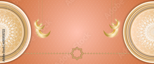 Peach beige and gold vector luxury and elegant banner template ramadan kareem traditional. Ramadan Kareem background for print, poster, cover, brochure, flyer, banner.