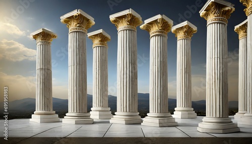 six marble pillars columns ancient greek on background