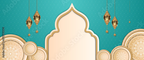 Green beige and gold vector gradient illustration for islamic ramadhan banner. Ramadan Kareem background for print, poster, cover, brochure, flyer, banner.