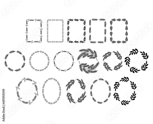 Frames with branches and leaves isolated. Hand drawn wedding ornaments, wreaths for logo, text, card, and invitation. Collection of floral wreaths with branches and leaves.