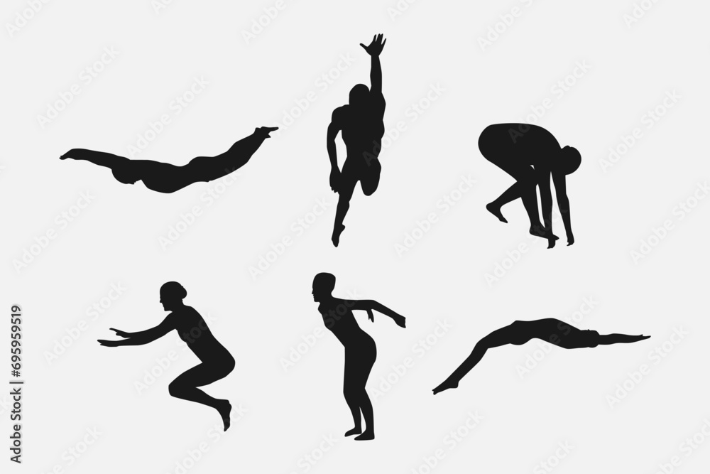 set of silhouettes of swimmer. isolated on white background. graphic vector illustration.