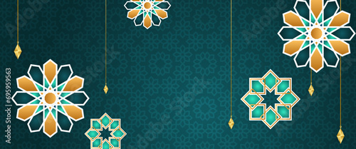 Gold and green vector luxury and elegant banner template ramadan kareem traditional. Ramadan Kareem background for print, poster, cover, brochure, flyer, banner.