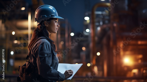 Young woman heavy industry engineer inspecting a factory