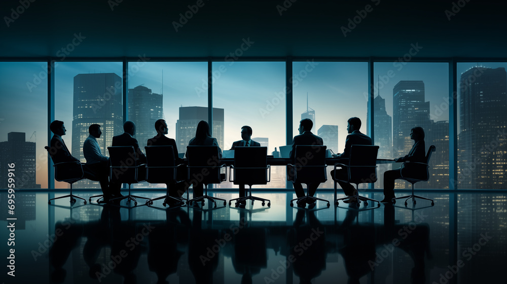 Silhouettes of business people in an office conference room