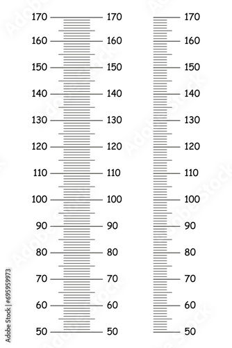 Kids height charts from 50 to 170 centimeters. Set of templates for wall growth sticker isolated on a white background. Meter wall, growth ruler collection. Vector outlined illustration.