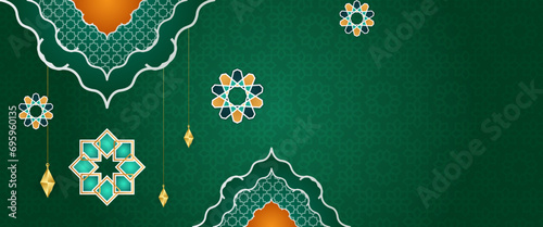 Green orange and gold vector luxury and elegant banner template ramadan kareem traditional. Ramadan Kareem background for print, poster, cover, brochure, flyer, banner.