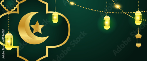 Gold and green vector luxury and elegant banner template ramadan kareem traditional. Ramadan Kareem background for print, poster, cover, brochure, flyer, banner.