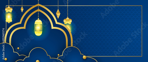 Gold and blue ramadan kareem traditional islamic festival religious banner. Ramadan Kareem background for print, poster, cover, brochure, flyer, banner.