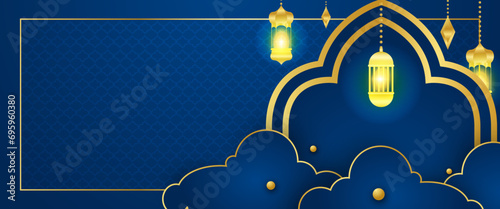 Gold and blue vector luxury and elegant banner template ramadan kareem traditional. Ramadan Kareem background for print, poster, cover, brochure, flyer, banner.