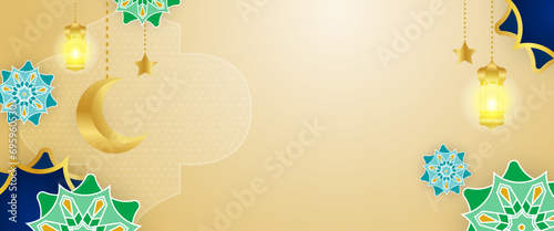 Gold blue and green vector gradient illustration for islamic ramadhan banner. Ramadan Kareem background for print, poster, cover, brochure, flyer, banner.