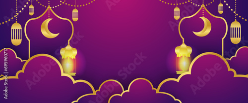 Gold and purple violet vector luxury and modern ramadan kareem arabic banner with ornament. Ramadan Kareem background for print, poster, cover, brochure, flyer, banner.
