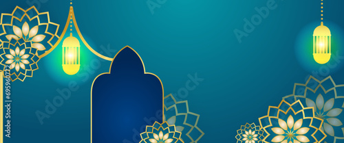 Gold blue and green vector gradient illustration for islamic ramadhan banner. Ramadan Kareem background for print, poster, cover, brochure, flyer, banner.
