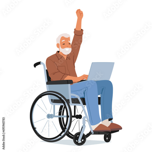 Elderly Man Jubilant In His Wheelchair, Raises Triumphant Fist While Navigating His Laptop, A Symbol Of Resilience