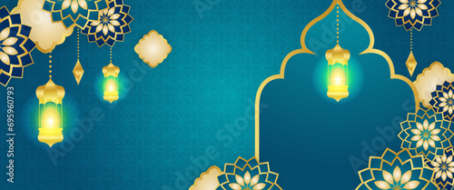 Gold blue and green vector luxury and elegant banner template ramadan kareem traditional. Ramadan Kareem background for print, poster, cover, brochure, flyer, banner.