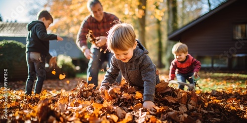 Families playing in piles of leaves, enjoying their backyards , concept of Outdoor activities
