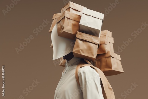 closeup person stands with a cardboard box head brimming with parcels, an artistic representation of the weight of consumer culture photo