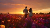 A romantic couple walking hand in hand through a beautiful flower field at sunset.