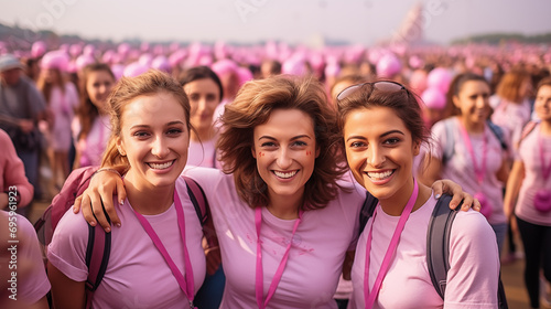 Group of happy young women with pink ribbons at the beach.