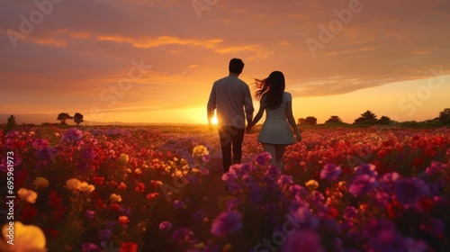 A romantic couple walking hand in hand through a beautiful flower field at sunset. #695961973