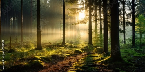 Captivating shot of a serene, untouched forest landscape bathed in morning light , concept of Majestic scenery