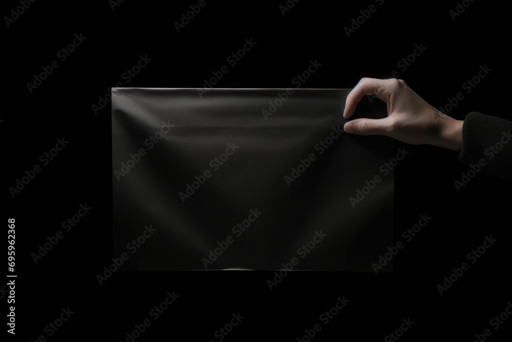 elegant and mysterious image showing a hand delicately holding the corner of a glossy, black, opaque bag on an all consuming black background - obrazy, fototapety, plakaty 